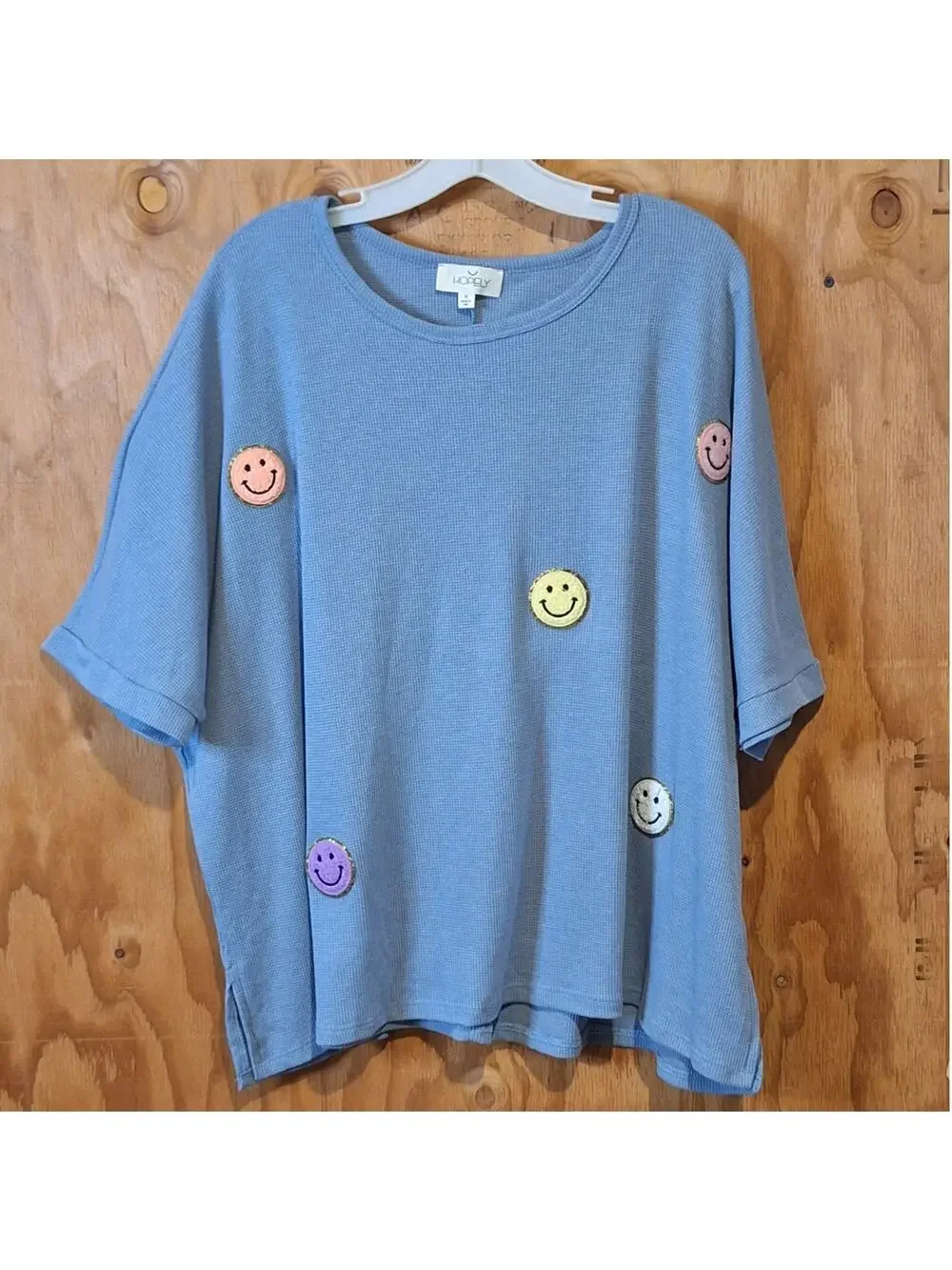 Hopely Shirt Women's Medium Sequined Terry Smiley Faces Waffle Knit Kidcore 90s - Picture 1 of 7